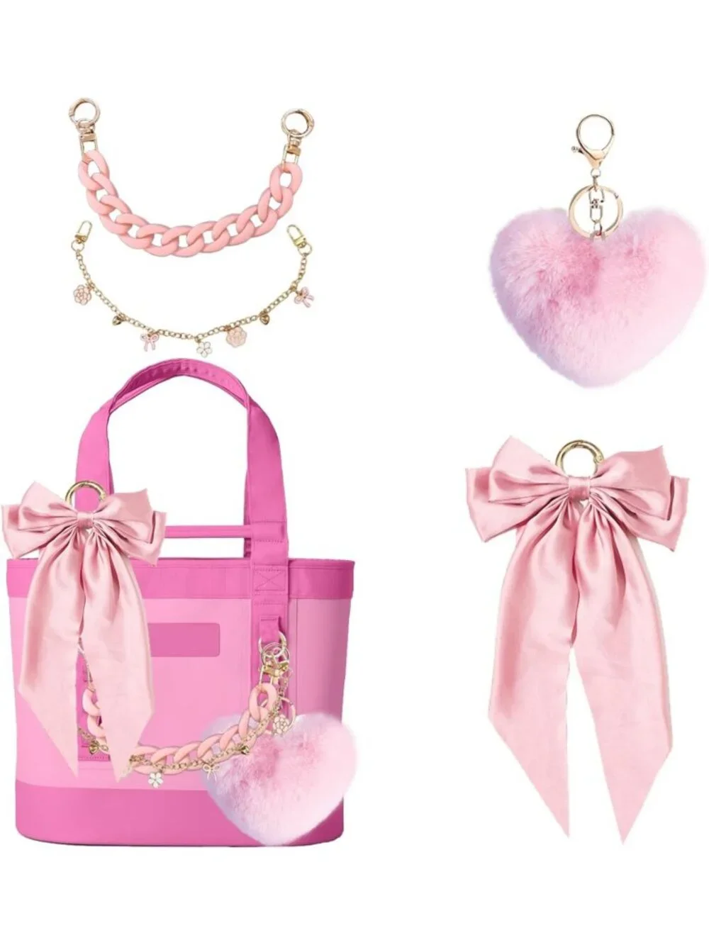 Satin Bow & Fluffy Ball Bag Charms for Tote Bags, Keychain Accessories for Women